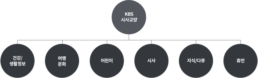 KBS시사교양 하위요소 6개, 건강/생활정보, 여행문화, 어린이, 시사, 지식/다큐, 휴먼